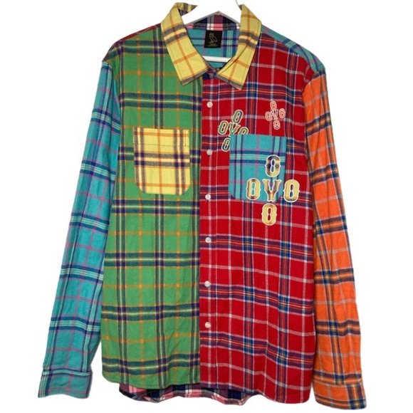 October’s Very Own Flannel Shirt Men’s Medium Multicolor Mash Up Drake OVO Patch - Picture 1 of 7